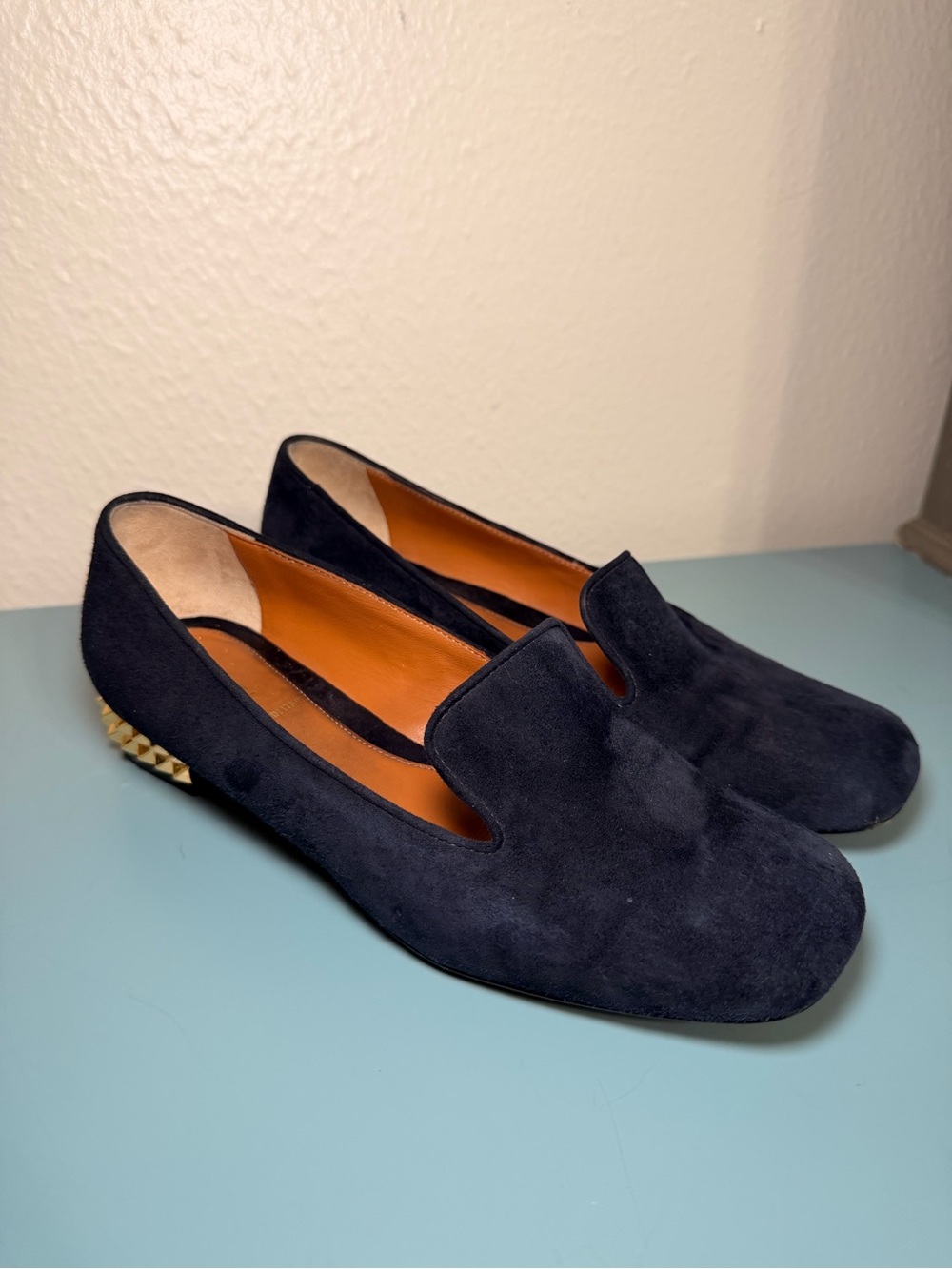 Fendi Navy Suede Studded-Heel Loafers - Size 5.5 / IT 35.5